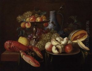 Peaches And Grapes On A Silver Tazza, A Porcelain Ewer And Peaches On A Silver Platter With A Lobster, Lemon, Bunches Of Grapes And A Melon On A Table by Alexander Coosemans