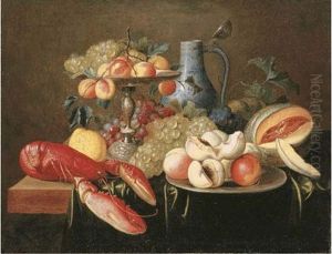 Peaches And Grapes On A Silver Tazza, A Porcelain Ewer And Peaches On A Silver Platter With A Lobster, Lemon, Bunches Of Grapes And A Melon by Alexander Coosemans