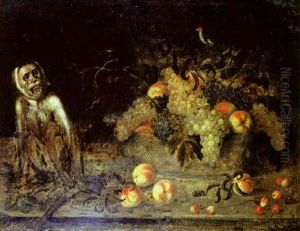 Nature Morte Au Panier De Fruits Et Singe Sur Un Entablemeent