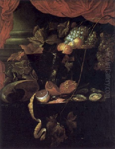 Stilleben Mit Fruchten, Austern, Weinglas Und Einer Muschel - view 1