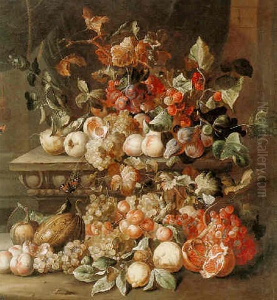 Still Life Of Grapes, Figs, Raspberries, A Pomegranate And Other Fruit On A Carved Stone Ledge - view 1