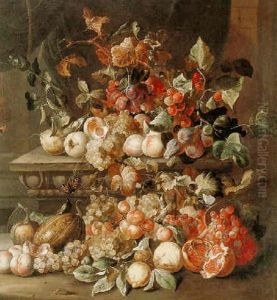 Still Life Of Grapes, Figs, Raspberries, A Pomegranate And Other Fruit On A Carved Stone Ledge