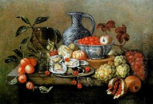 Nature Morte Aux Fruits, Plat D'huitres Et Rhomer Sur Un Entablement