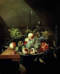 Stilleben Mit Pfirsichen, Weintrauben, Nussen, Pflaumen Und Einem Granatapfel, Einer Karaffe Und Zwei Weinglasern by Alexander Coosemans