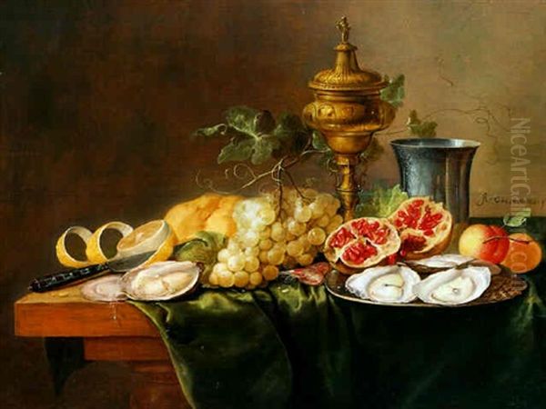 A Pronk Still Life With A Gilt Cup And Cover, With Fruits, Oysters On A Pewter Plate by Alexander Coosemans