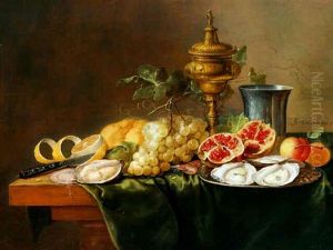 A Pronk Still Life With A Gilt Cup And Cover, With Fruits, Oysters On A Pewter Plate by Alexander Coosemans