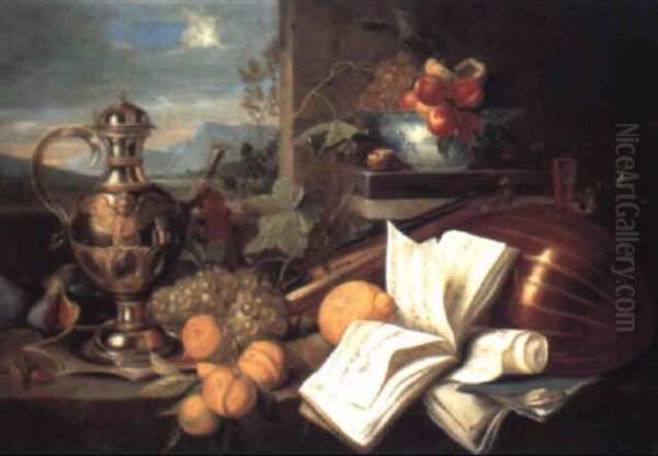 A Silver Ewer On A Dish, Musical Instruments And Fruits On A Draped Table - view 1