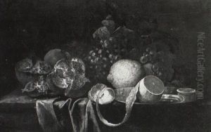 A Lemon On A Silver Plate With Pomegranates And Grapes On A Draped Table