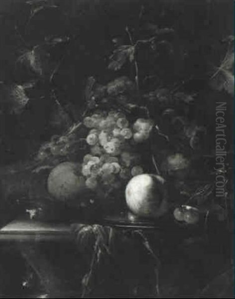 Still Life With Fruit On A Pewter Plate Resting On A Draped Table - view 1