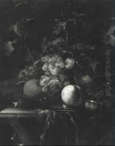 Still Life With Fruit On A Pewter Plate Resting On A Draped Table