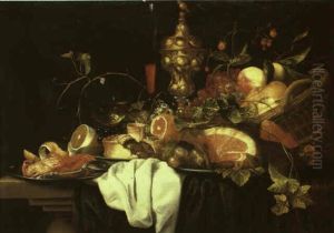 Still Life Of A Crab On A Pewter Plate, Lemon, Pie And A Basket On A Table