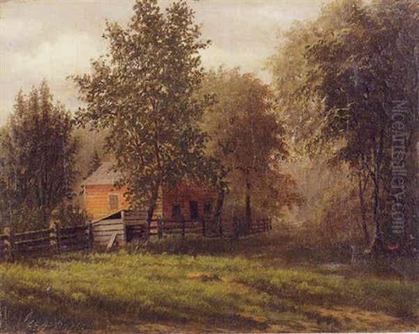 Landscape Of A Barn With A Figure At A Campfire - view 1