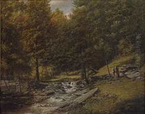 Landscape Of A Stream, Surrounding Trees And Stone Walls