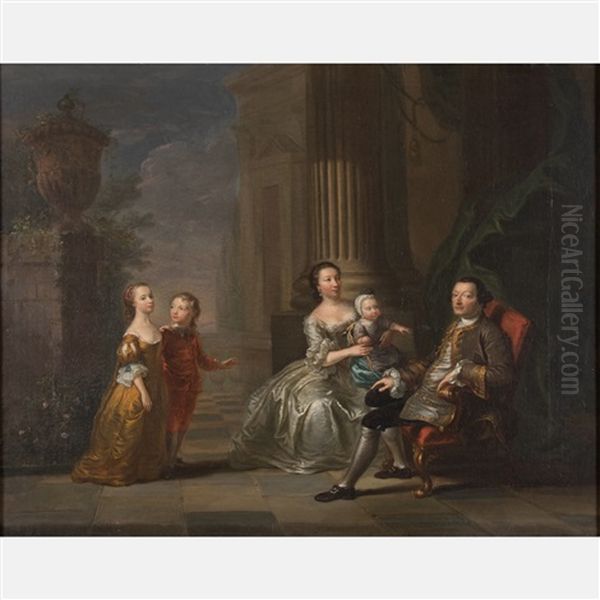 Gentleman And Lady With Children In A Courtyard - view 1