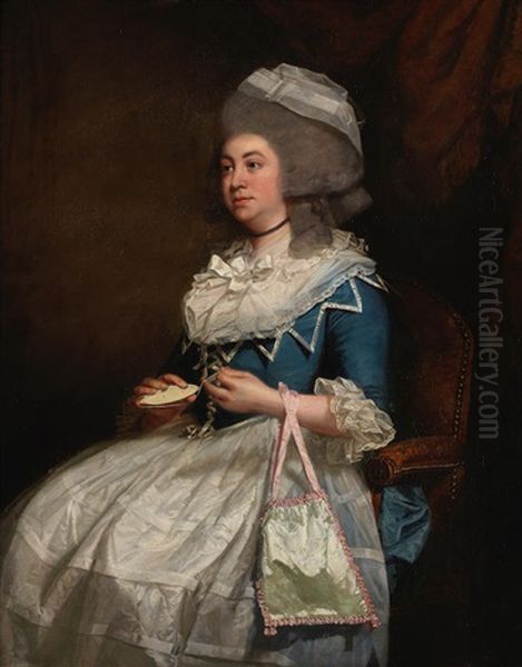 Portrait Of A Lady, Said To Be Charlotte Pochin Of Barkby Hall, Leicestershire, Three-quarter-length, In A Blue Dress With A Lace Bonnet, Holding An Ivory Knotting-shuttle - view 1