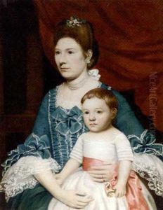 Portrait Of A Lady, Seated In A Blue Silk Dress With Ribbons And Her Child In White by John Singleton Copley