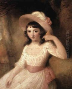 Portrait Of A Young Girl Seated Three Quarter Length        Wearing A White Dress With A Pink Sash And Hat, In Her Left