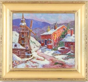 Winter Village With Windmill by Fern Isabel Coppedge