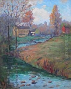 Impressionist Autumn Landscape With A Farm On The Banks Of A Winding Creek by Fern Isabel Coppedge