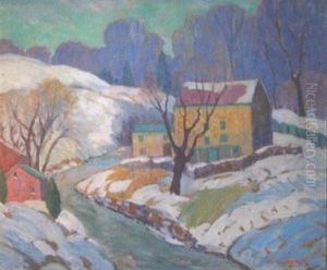 Winter Landscape Depicting Buildings On Roadside by Fern Isabel Coppedge