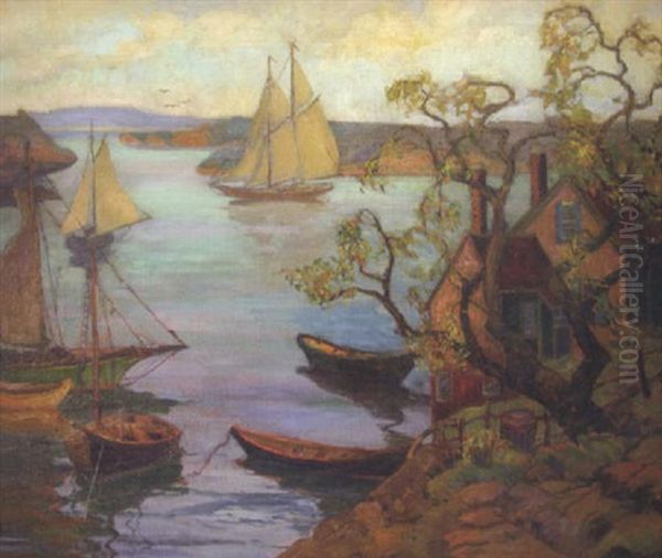 Autumn Landscape Of Lake With Sailboats, Lakeside Buildings - view 1
