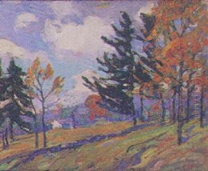 Hillside Landscape With Evergreens And House In The Background by Fern Isabel Coppedge