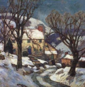 Woman With Pitcher By Yellow House In Snow by Fern Isabel Coppedge