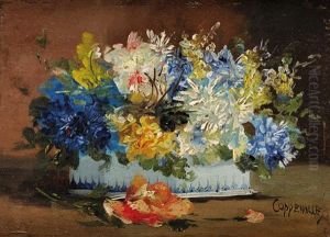 Bouquet De Fleurs Dans Une Jardiniere En Faience by Edmond Van Coppenolle
