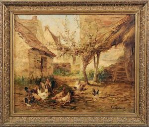 Poules Et Coq Dans Une Basse Cour