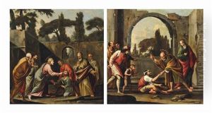 Christ Healing The Blind Bartimeo; And Saints Peter And John Healing A Cripple At The Gate Of The Temple by Carlo Coppola