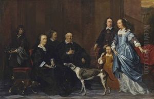 A Group Portrait Of A Family With Their Hounds And An Attendant In An Interior