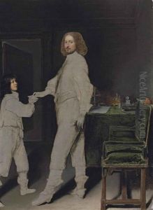 Portrait Of A Man, Full-length, Handing A Letter To A Boy, In An Interior