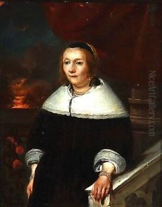 An Elegant Woman In A Black Dress With A White Collar Standing Near A Balustrade