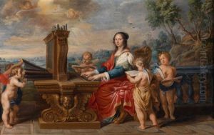 Die Hl. Cacilia An Einer Barocken Handorgel, Deren Blasebalge Von Zwei Engeln Bedient Werden by Gonzales Coques