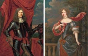 Portrait Of A Gentleman In Armour, Standing Before A Red Curtain, Holding His Helmet (+ Portrait Of A Lady In A Silk Dress And Red Wrap, Standing On A Balcony; 2 Works)
