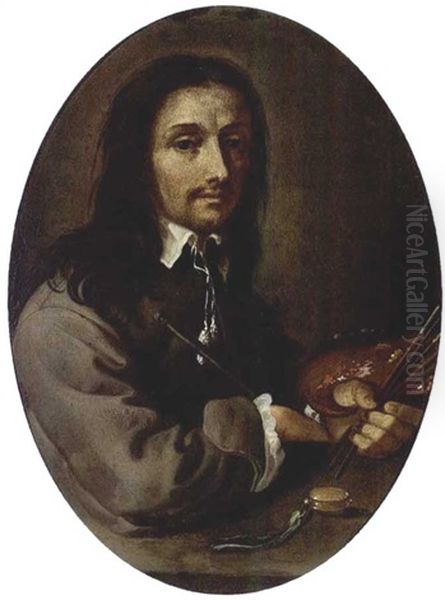 A Portrait Of A Painter, Seated Near A Stone Table, Holding Brushes And A Palette, With A Watch In Front - view 1