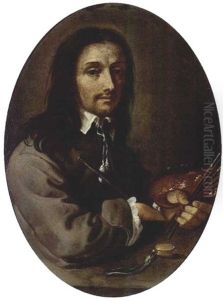 A Portrait Of A Painter, Seated Near A Stone Table, Holding Brushes And A Palette, With A Watch In Front by Gonzales Coques