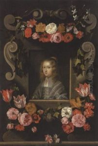 Barockkartusche Mit Drei Blumengebinden. Im Mittelfeld Madchenbildnis