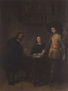 Interior With Three Men Conversing At A Table by Gonzales Coques