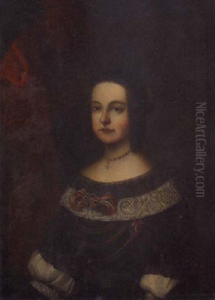 A Portrait Of A Lady In A Black Dress With Lace Trim And A Fancy Bow - view 1