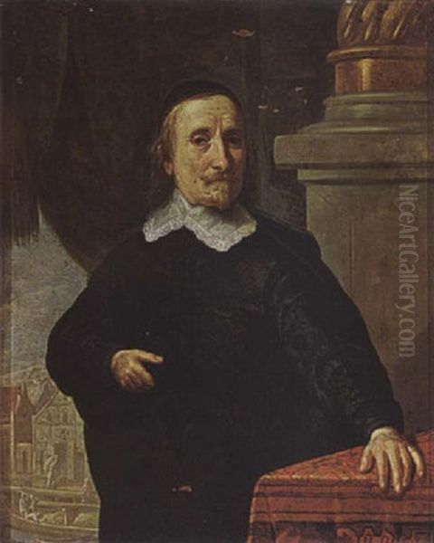 A Portrait Of A Gentleman, Wearing A Black Coat With A White Lace Collar, Leaning With His Hand On A Table - view 1