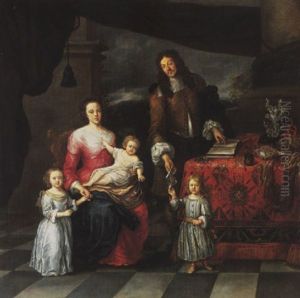 A Group Portrait Of A Family, In An Interior, Coral And Seashells On A Carpeted Table Nearby