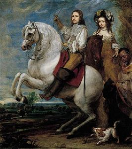 An Equestrian Portrait Of An Elegant Couple With A Negro Page, A Landscape Beyond by Gonzales Coques