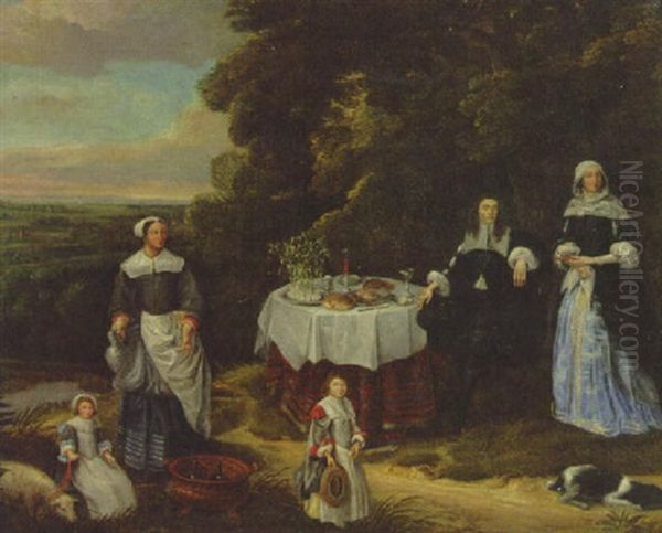 A Family With A Maid In Attendance By A Dining Table In A Landscape - view 1