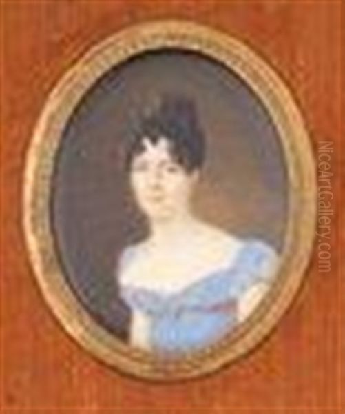 Portrait De Jeune Femme En Robe De Soie Bleu Lavande A Haute Taille Et Coiffee D'un Chignon Retombant A Boucles Et Attache D'un Ruban Noir - view 1