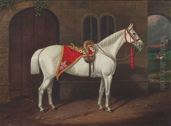 A Grey Charger With A Scarlet And Leopardskin Regimental Shabraque Embroidered Vr - view 1
