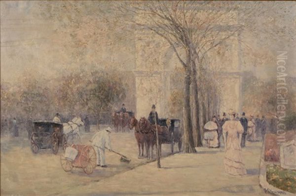 Figures And Horse-drawn Carriages In Washington Square Park - view 1