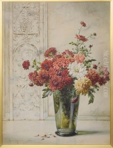 Still Life Of Dahlias And Other Flowers In A Glass Vase by Helen Cordelia Coleman Angell