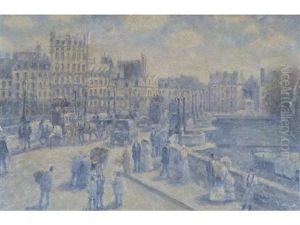 Continental Street With Figures And Carriages On A Bridge And Buildings In The Distance, Paris by Gail Sherman Corbett