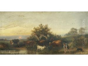 Cattle In A Pasture At Dusk by Aster R. C. Corbould